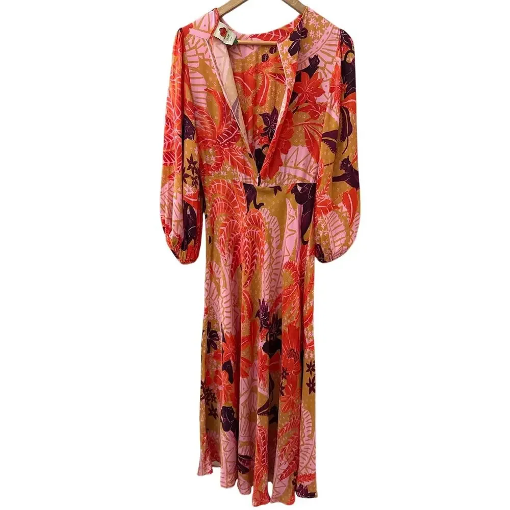 Farm Rio Puff-Sleeve Cutout Slip Maxi Dress Jungle Panther Size Medium - Picture 9 of 10